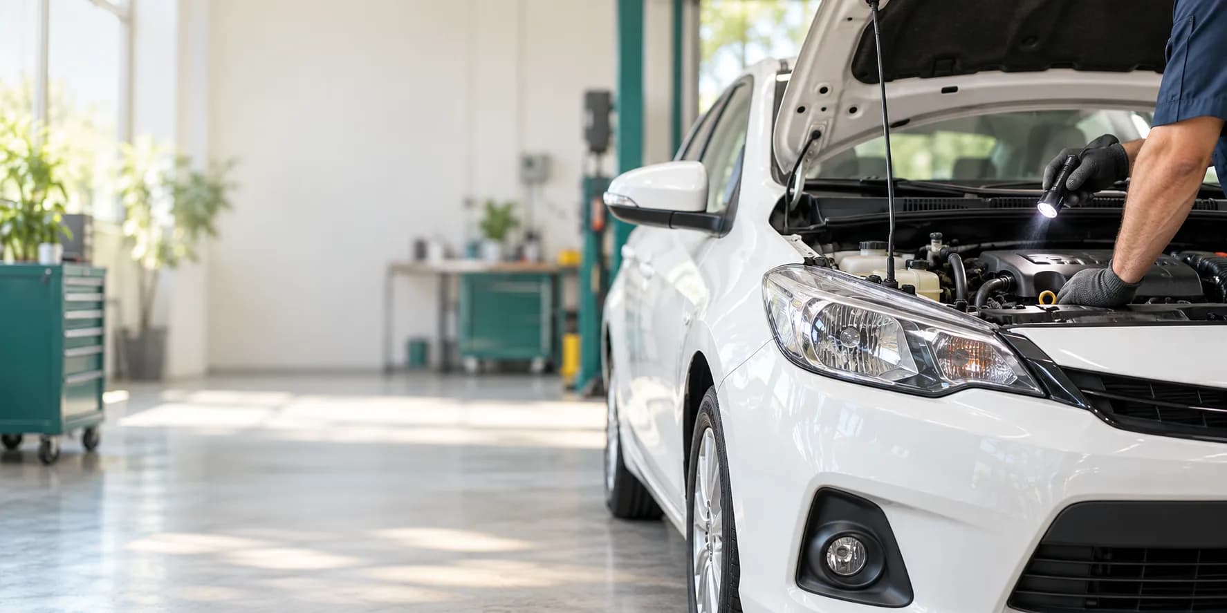Illustration of a white car with its hood open for a workshop inspection.
